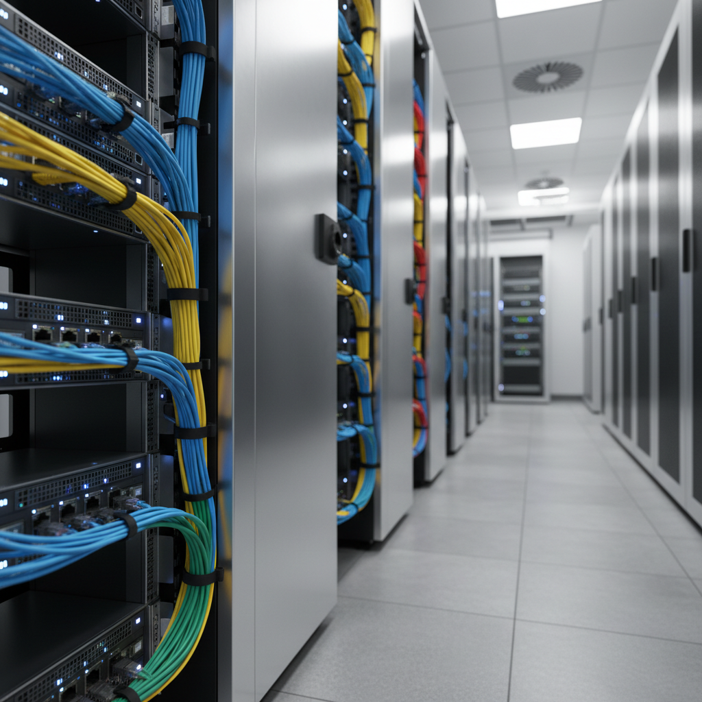 A close-up of a modern, high-performance server rack with gleaming brushed metal panels and organized, color-coded Ethernet cables, housed in a pristine corporate data center. The floor is lined with neutral gray tiles, and the background is softly blurred to emphasize depth. LED indicator lights glow softly, illuminating the structured environment with subtle highlights and gentle blue accents. Overhead recessed lighting creates balanced, even illumination with minimal shadowing, reinforcing the mood of ultra-professionalism and technical reliability. Photographed from a slightly low, angled perspective to highlight the scale and order. The visual style is clean, minimalist, and photographic, symbolizing the robust infrastructure necessary for digital marketing operations.