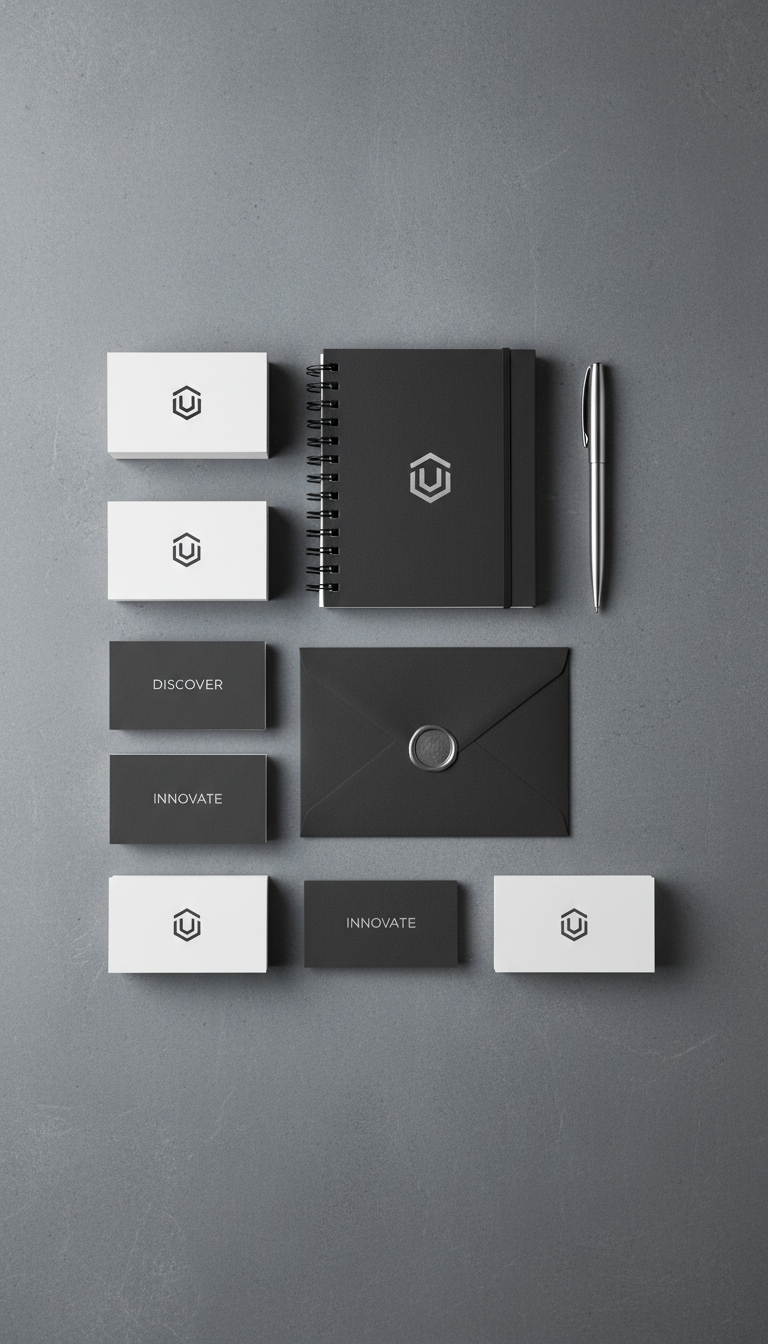 A detailed overhead shot of elegantly branded marketing collateral arranged meticulously on a slate-grey tabletop—showcasing high-end business cards, a spiral-bound notebook with minimalist logo embossing, and a slim metallic pen. The color palette includes soft whites, deep charcoals, and subtle hints of silver, arranged in a structured grid pattern. Even, diffuse natural light from above creates gentle highlights and eliminates harsh shadows, reinforcing the clarity and precision of presentation. The composition follows the rule of thirds, offering a balanced corporate aesthetic. The mood is calm and authoritative, emphasizing attention to detail and professionalism in every marketing touchpoint.