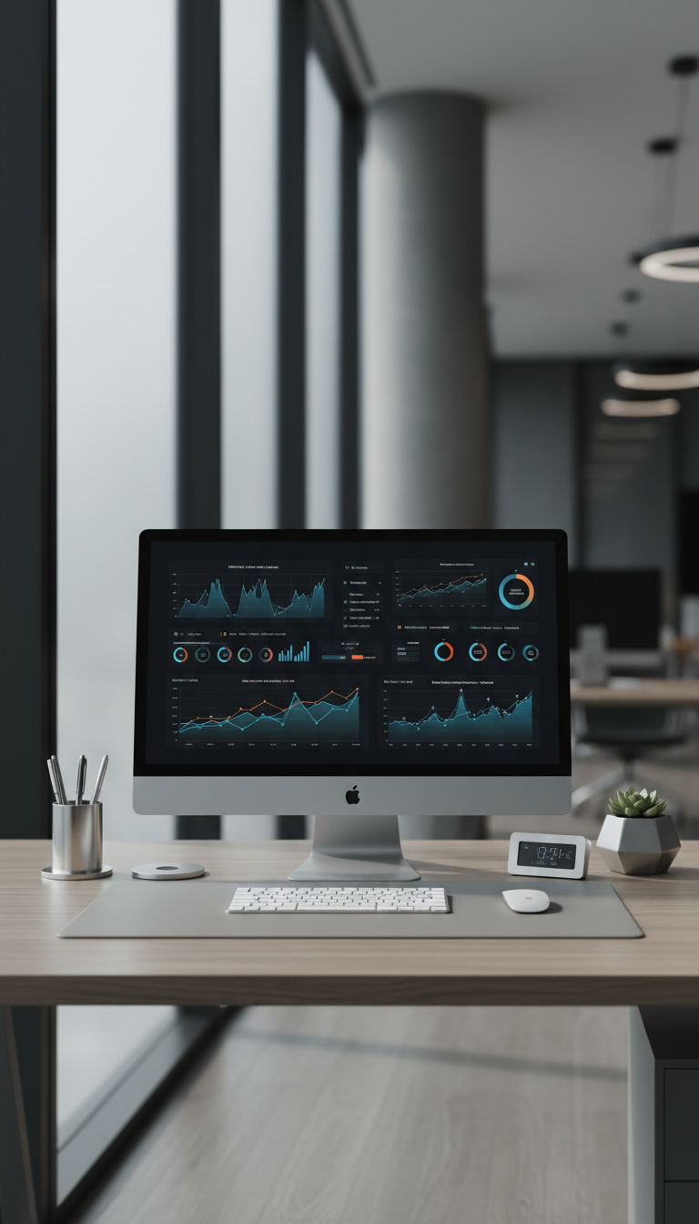 An impeccably organized workspace featuring a large matte-black desktop monitor displaying analytical graphs and charts, flanked by sleek silver accessories and a minimalist wireless keyboard. The setup is arranged on a smooth, taupe-toned desk with subtle wood grain texture. Natural daylight floods in from a nearby frosted glass wall, casting soft, diffused shadows and enhancing the clean lines and structured layout. The mood is focused and professional, evoking precision and clarity. Captured with an eye-level perspective and centered composition, the image has sharp focus throughout. The overall aesthetic is photographic realism with a corporate, modern sensibility—perfectly reflecting the strategic, data-driven nature of digital marketing at an agency level.